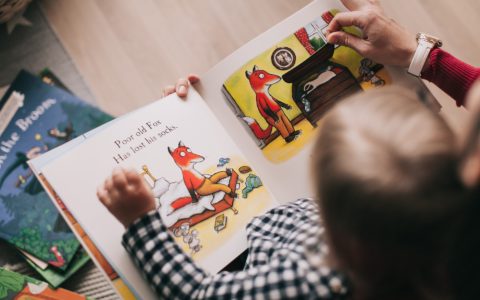 Overhead photo of a young child reading a picture book.